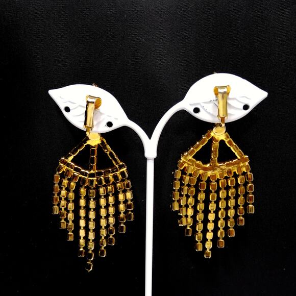 Vintage 1960s Rhinestone Long Dangle Clip Earrings, Gold Plated - Picture 6 of 10
